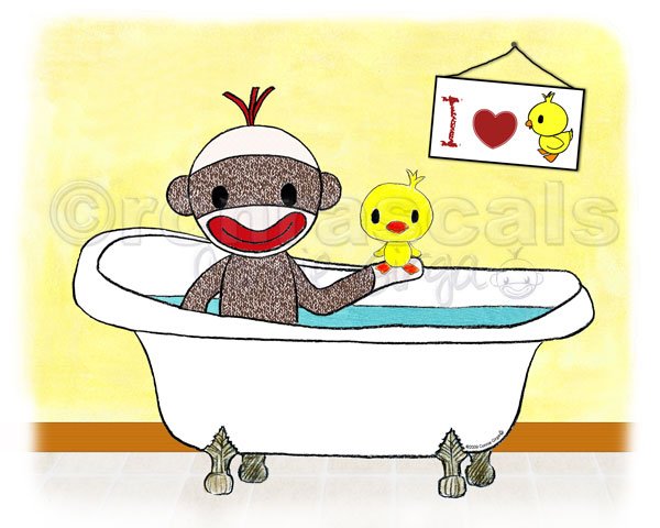 Sock Monkey And Duckie Bath Tub X Art Print Available In