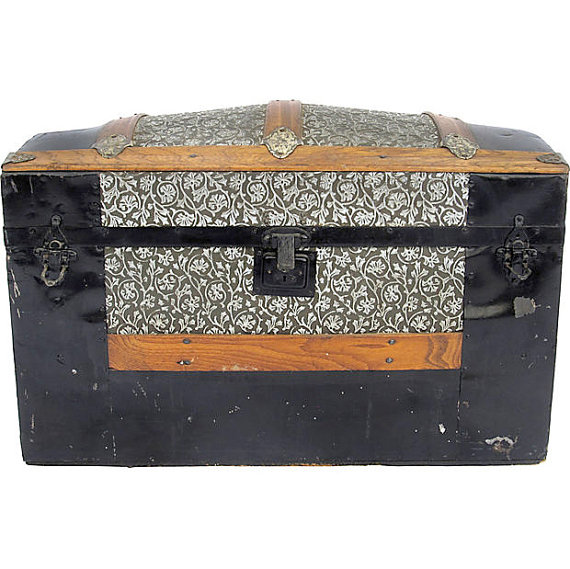 Antique Dome Top Trunk W Pressed Tin Wallpaper Lining