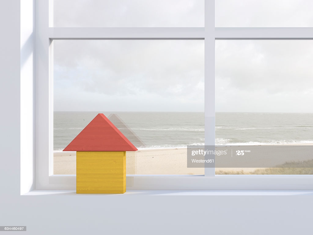 3d Rendering Wooden House On Windowsill Beach In The Background