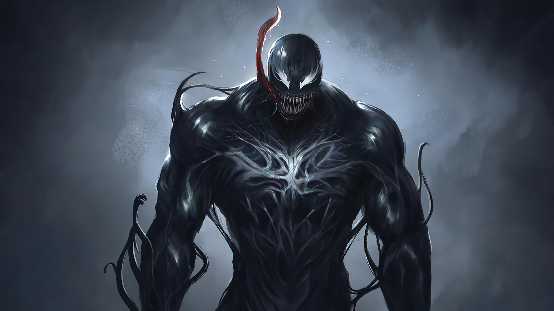 Venom, a formidable alien symbiote, stands in a dimly lit setting, his muscular physique and sharp teeth on full display