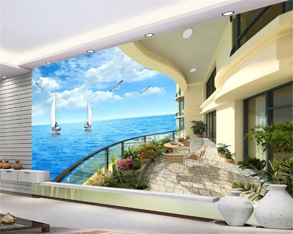 Home Decor 3d Wallpaper Sailboat Sea Resort Balcony Tv