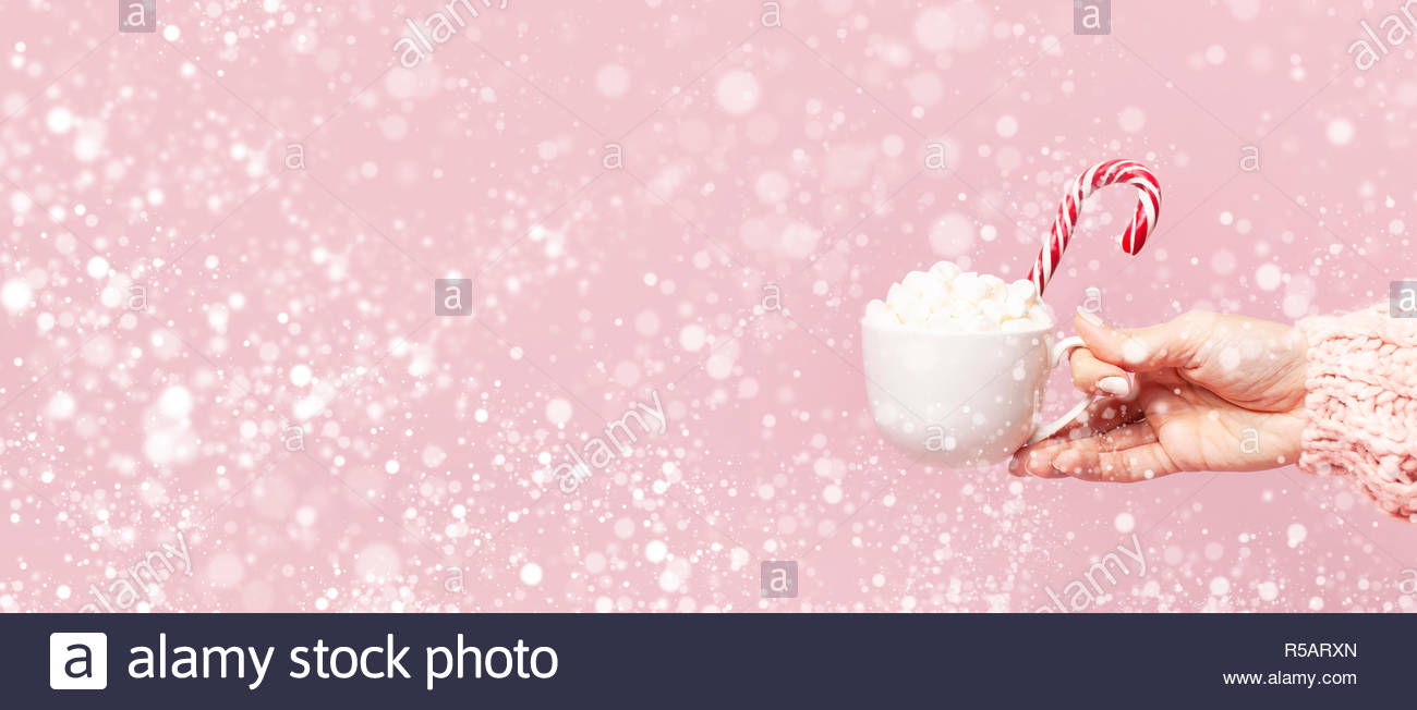Female Hands In Knitted Sweater Holding Cup Of Marshmallows And