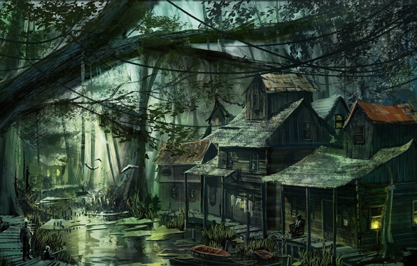 Art swamp village houses buildings woods people wallpapers