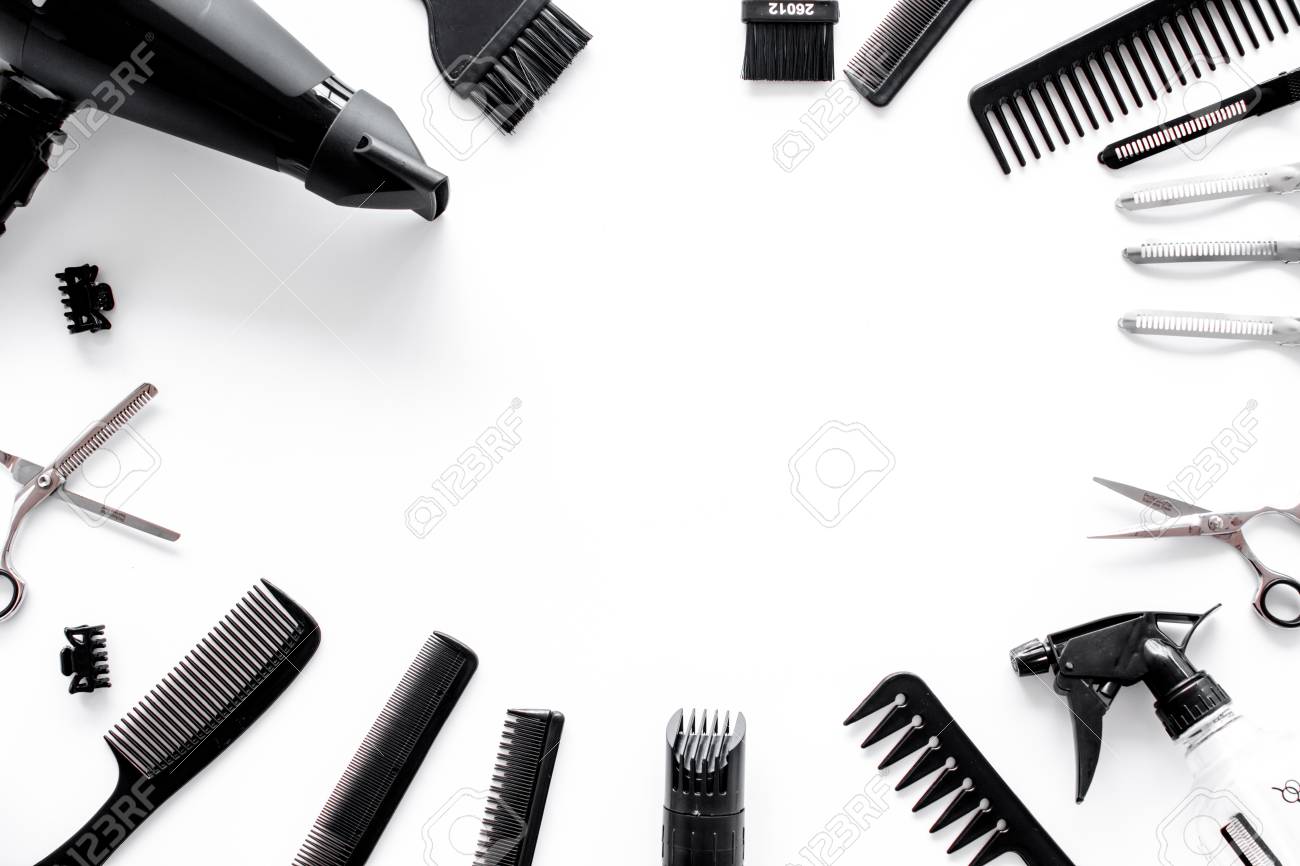 Bs And Hairdresser Tools In Beauty Salon On White Background