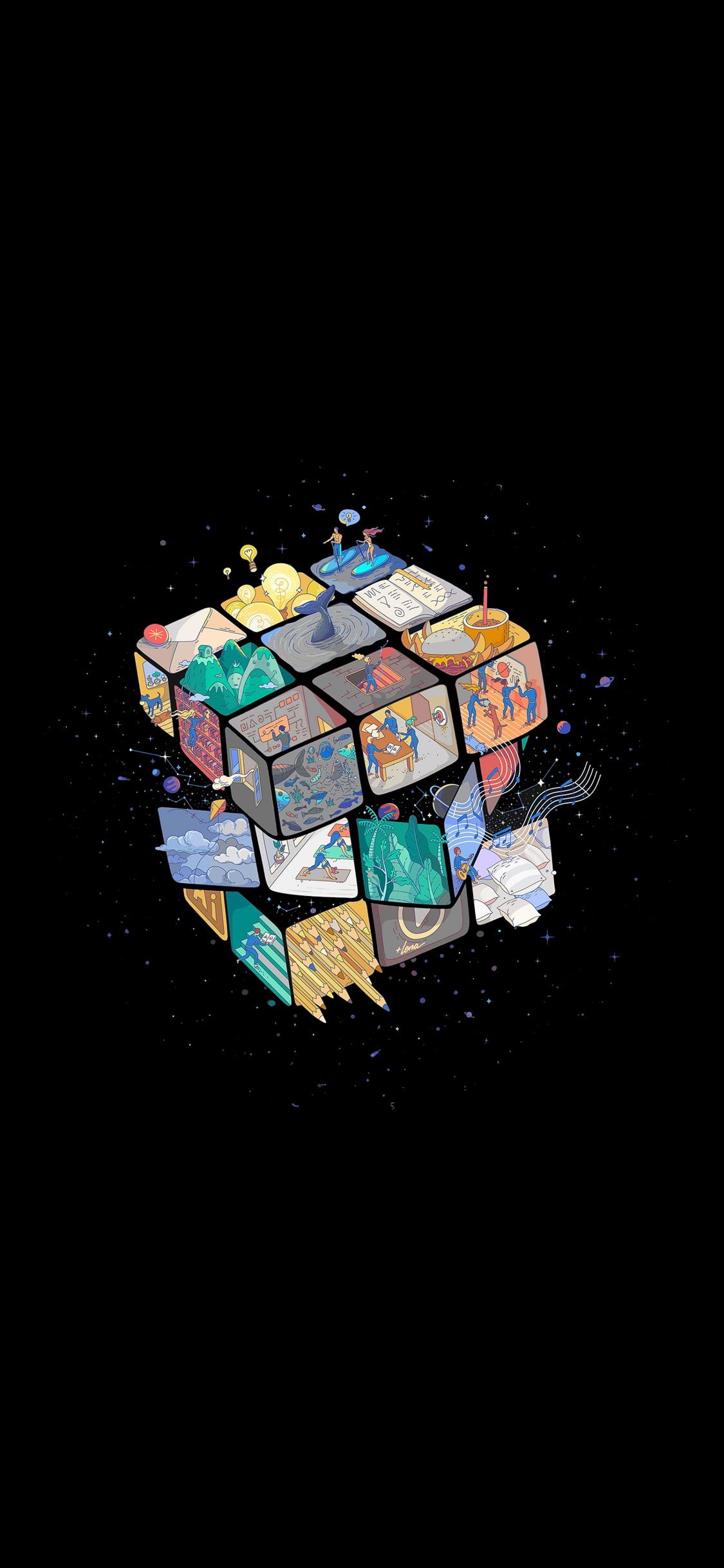 A Rubik's Cube in Space with Isometric Illustrations of Different Activities on Each Face