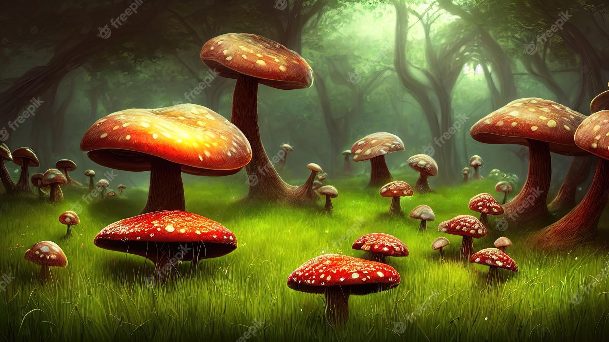 Premium Photo Fabulous Big Mushrooms In A Magical Forest Fantasy
