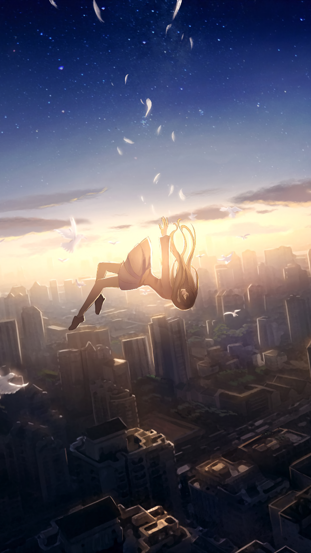 Anime Girl Falling Down Cityscape Bird
