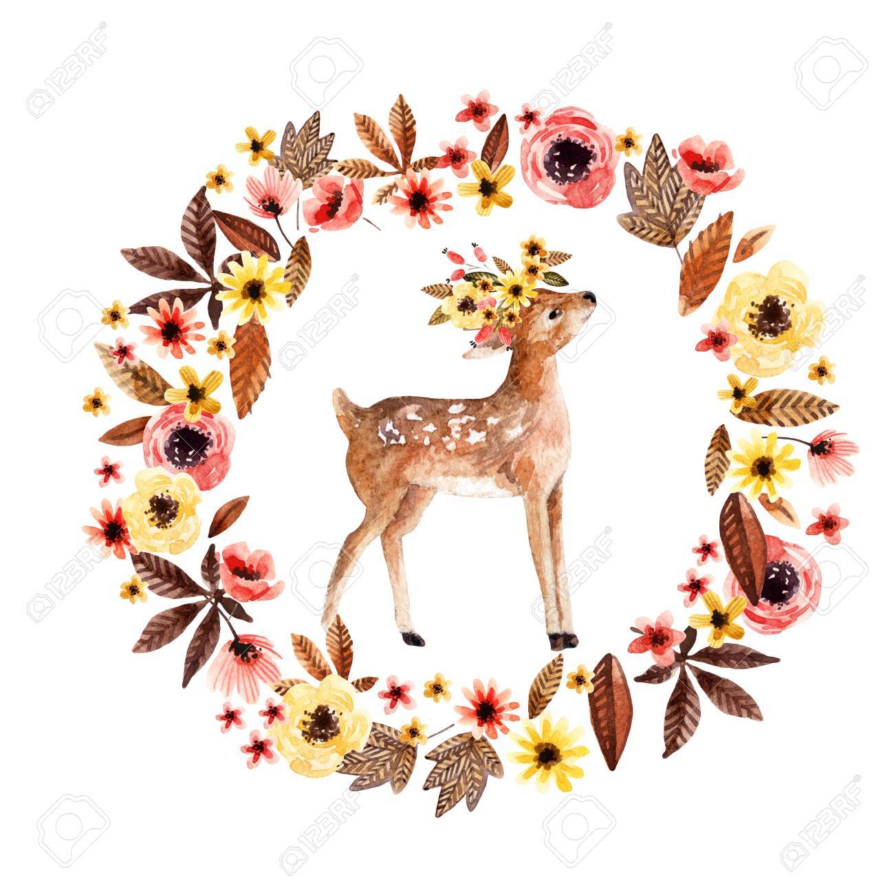 Watercolor Deer Fawn Among Flowers Isolated On White Background
