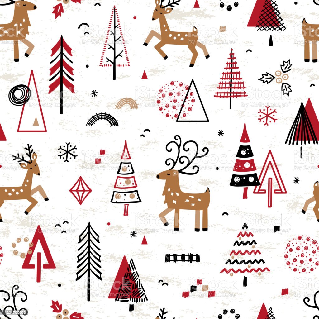 Christmas Seamless Vector Pattern With Doodle Deers And