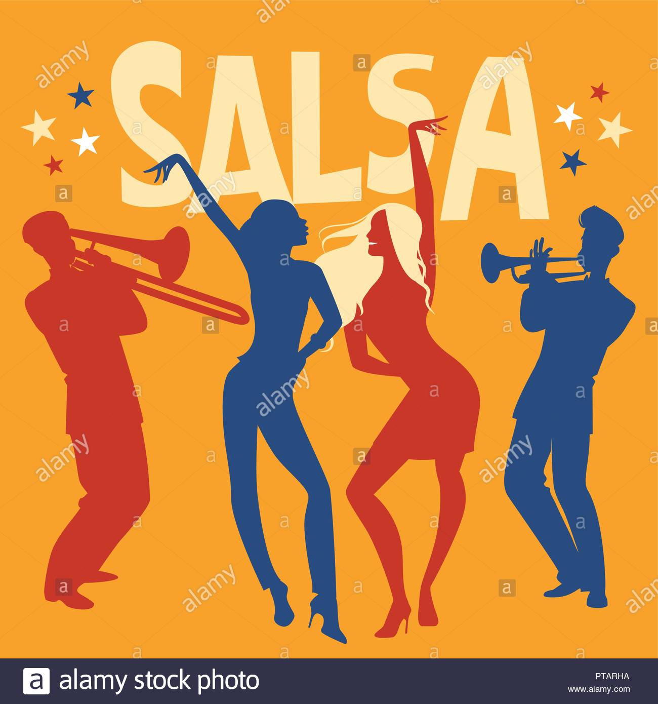 Silhouettes Of Two Girls Dancing Salsa Trumpeter And Trombonist