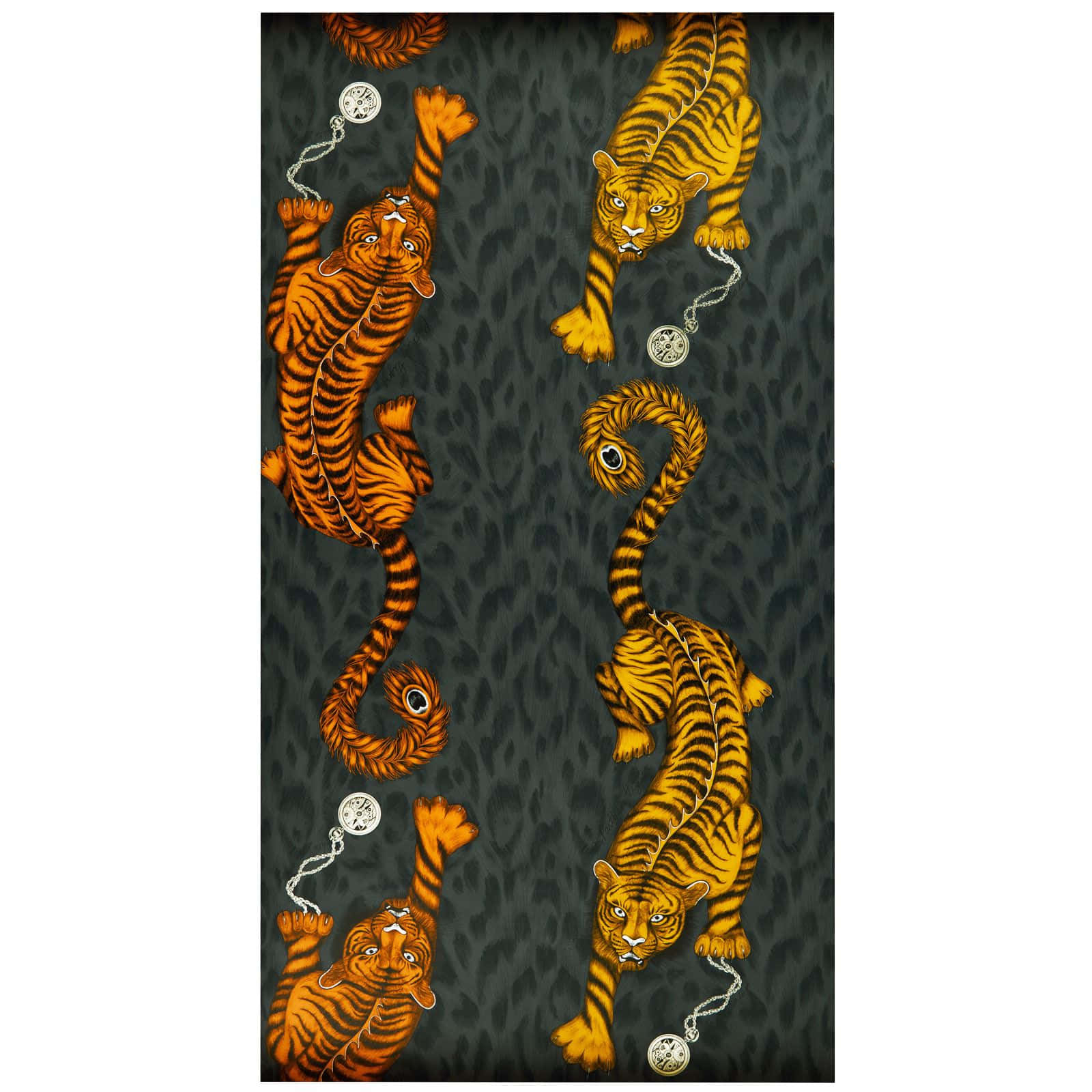 Glitter Leopard Wallpaper with Playful Tiger and Pocket Watch Design