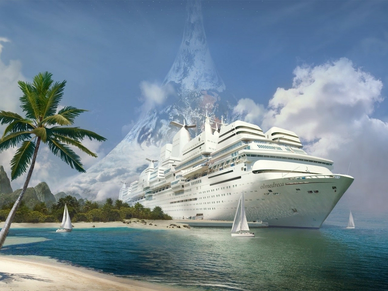 Beach Sea Ships Tropical Ringworld Paradise Fantasy Art Digital