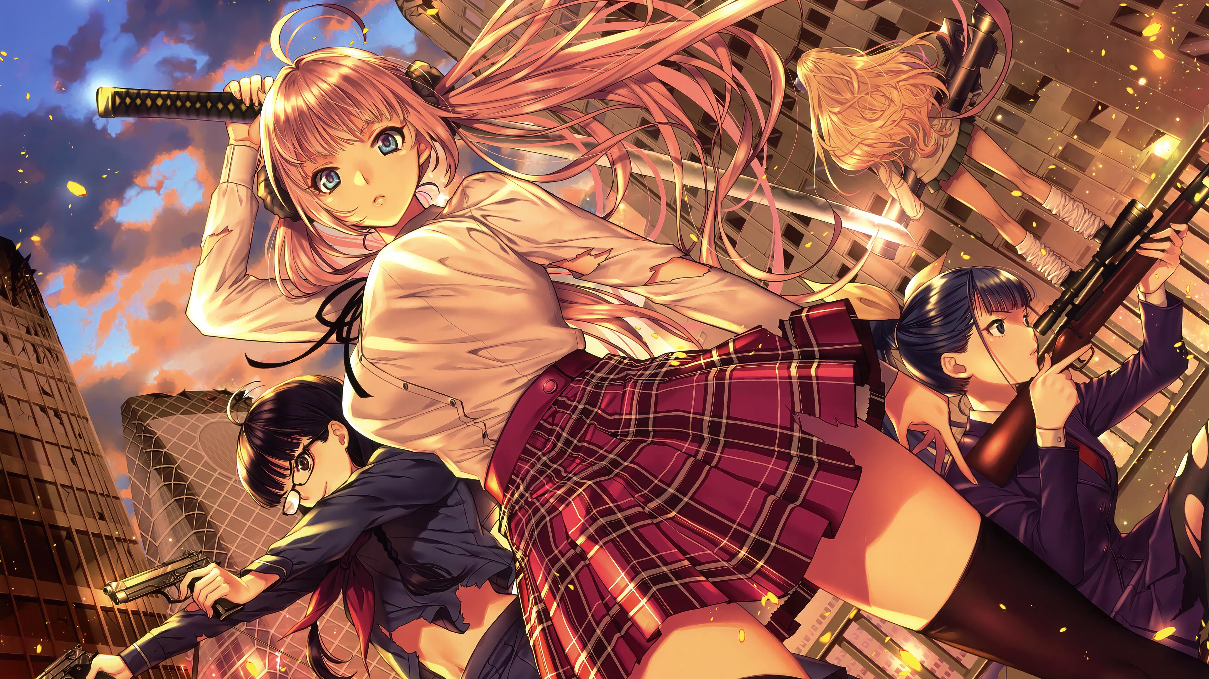 Anime Girl Katana Students School 4K Wallpaper