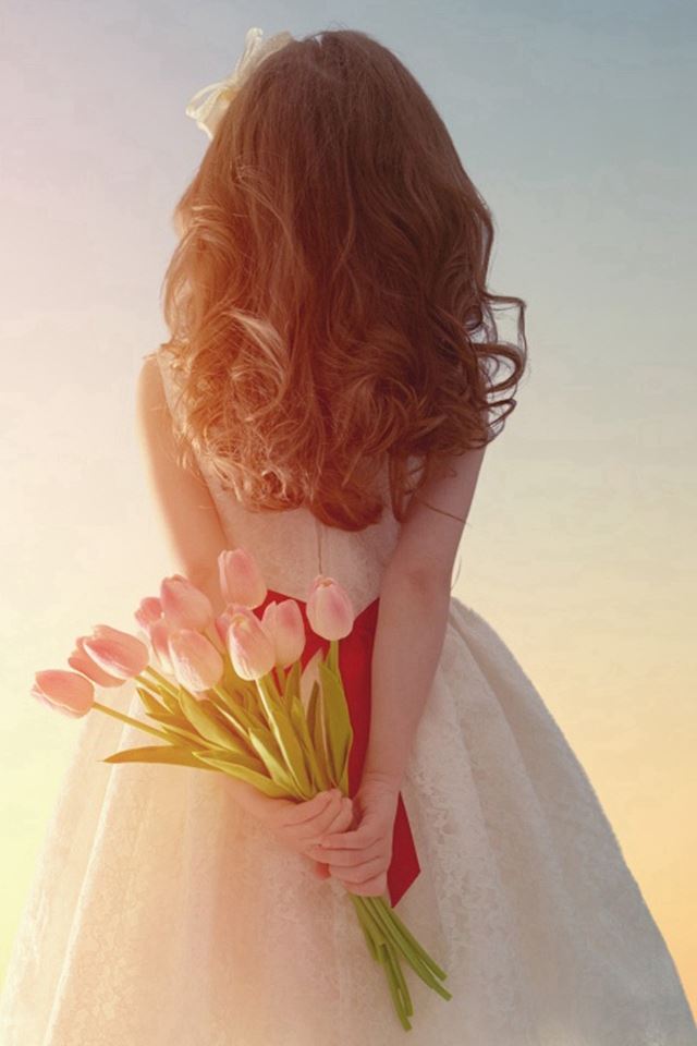 Romantic Girl Back Handing With Tulips Bouquet iPhone 4s