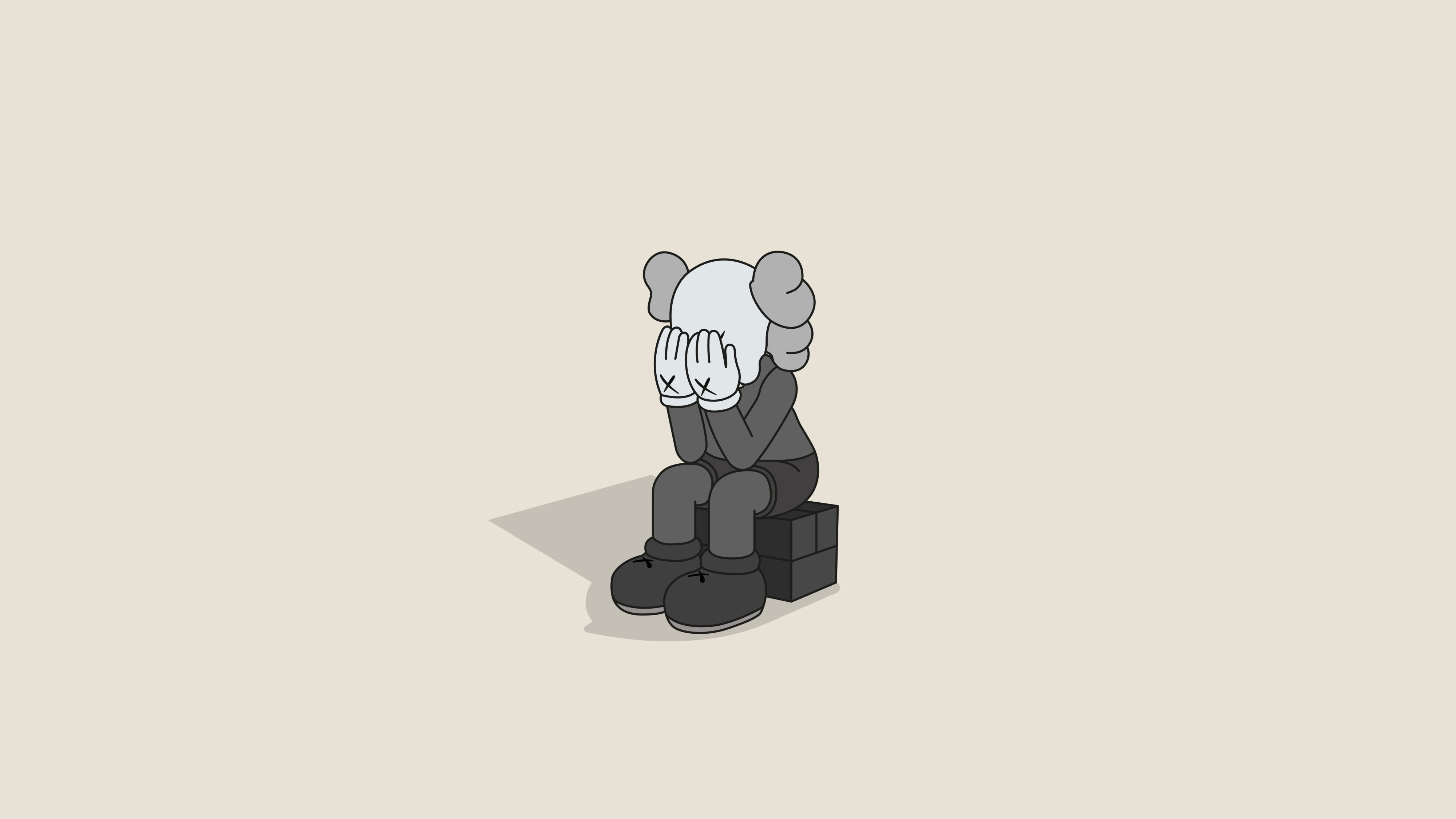 A grayscale illustration of the iconic Kaws Companion figure sitting on a block, covering its face with its hands. The minimalist style and subdued color palette emphasize a sense of sadness or introspection
