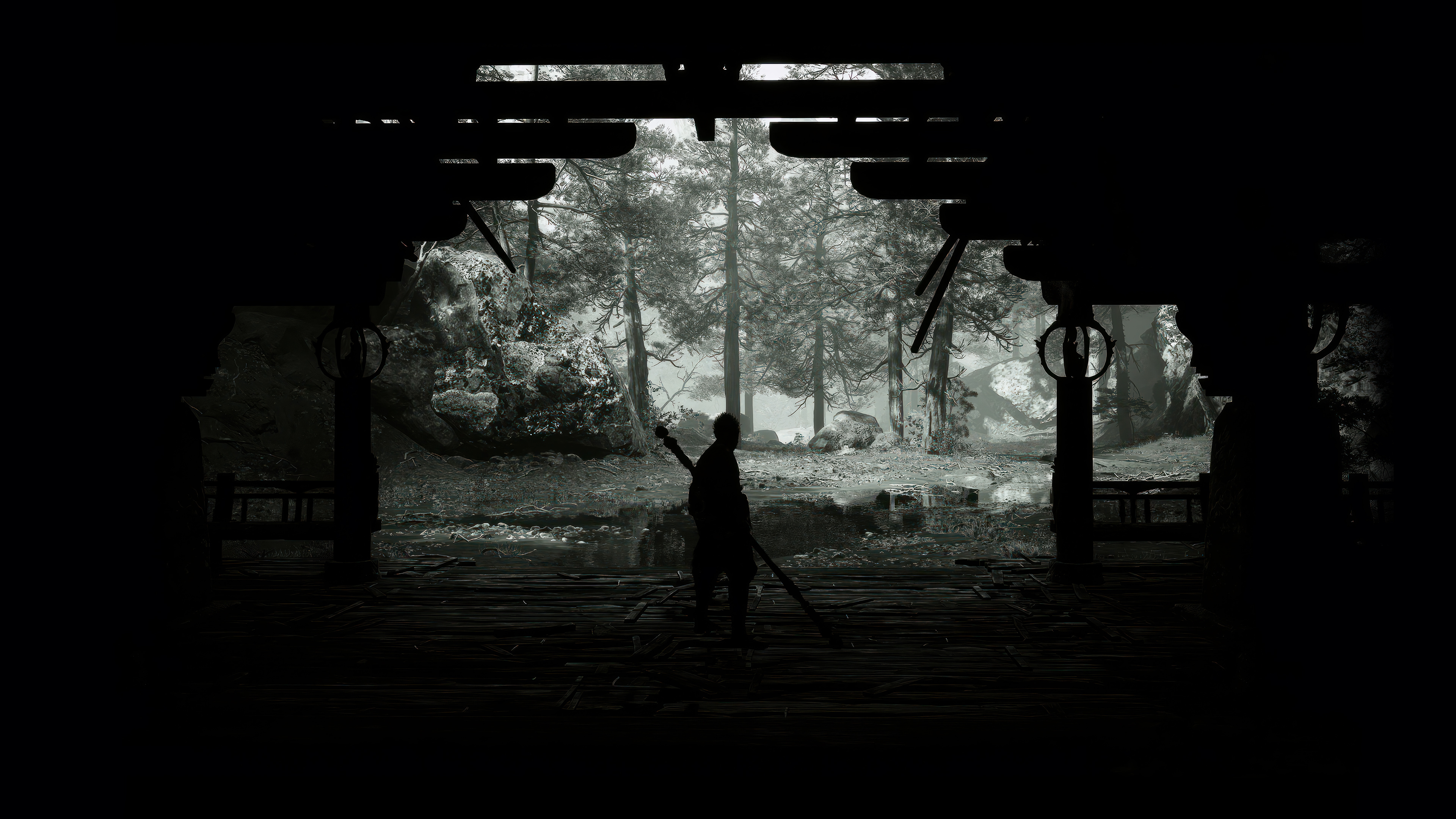 A silhouette of a lone samurai stands in a dark wooden structure, a long staff resting on his shoulder, gazing out at a misty forest scene in the background. This evokes a sense of mystery, adventure, and the quiet strength of a warrior