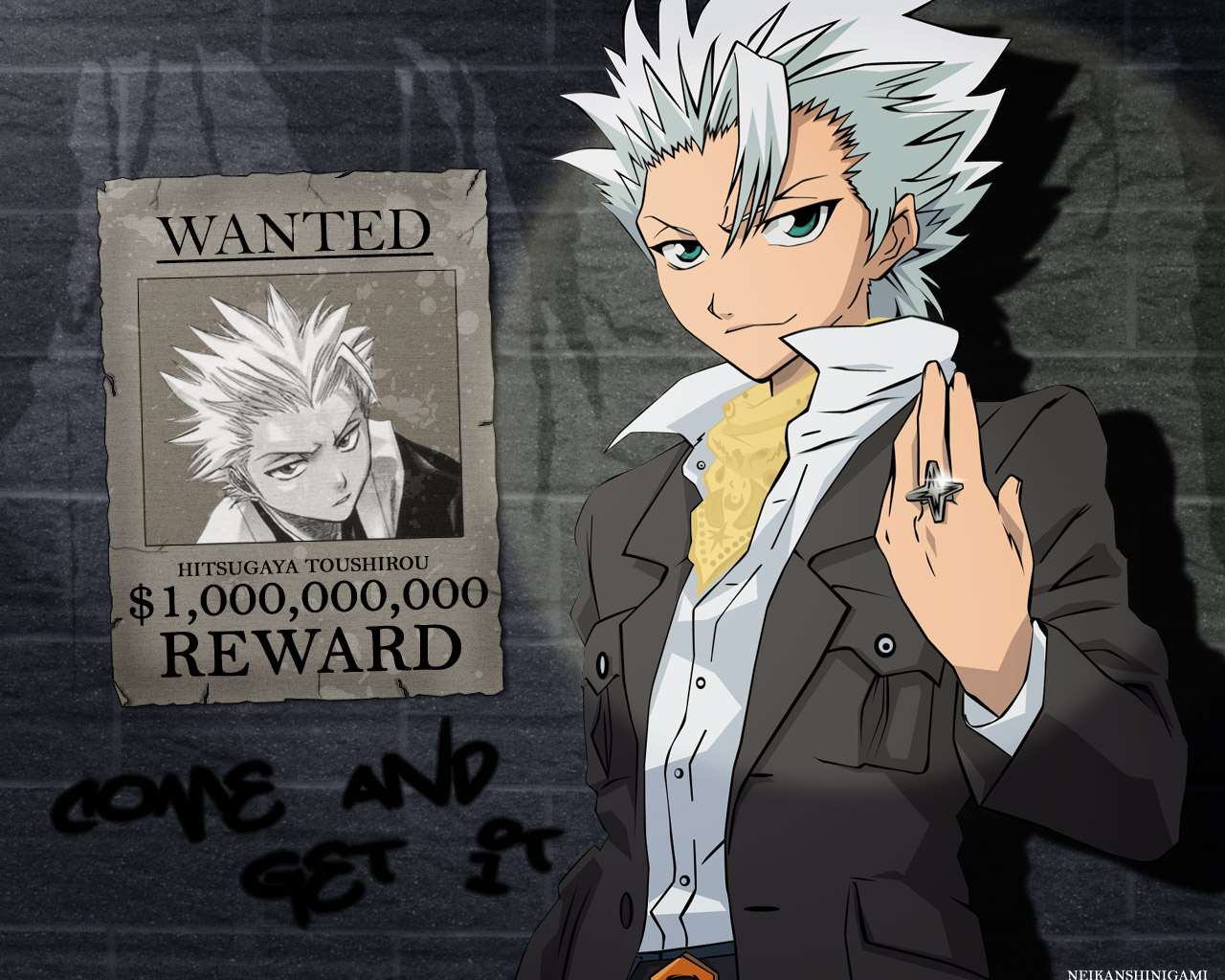 A cool anime wallpaper featuring Hitsugaya Toushirou from Bleach, with a 'Wanted' poster and a stylish pose