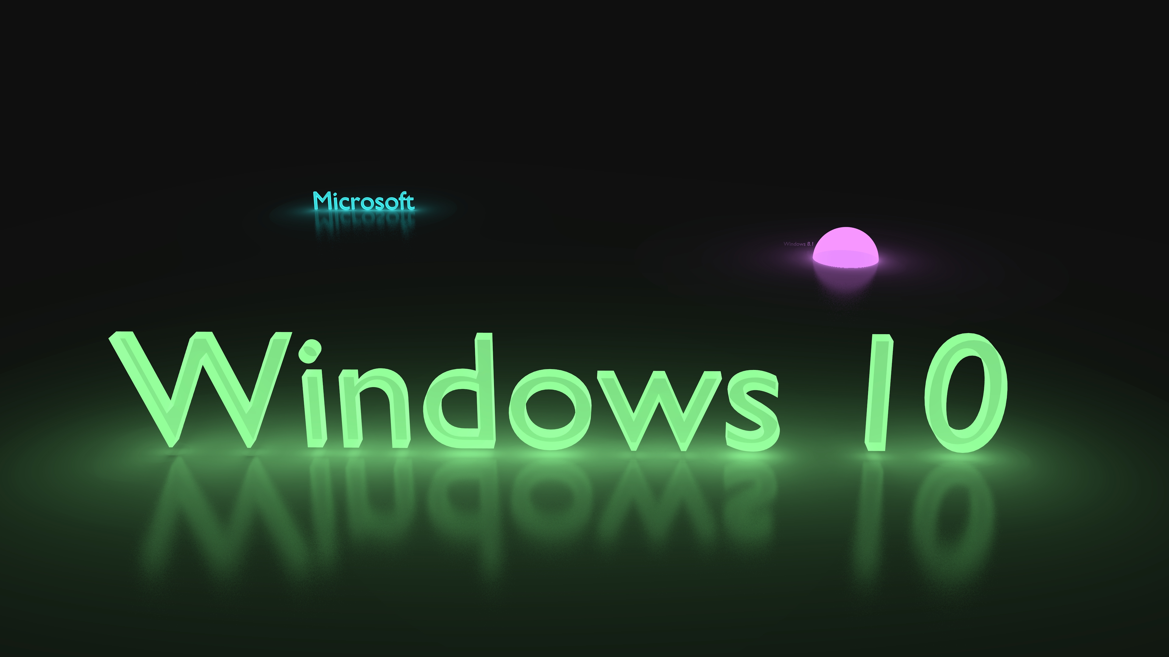 Neon green Windows 10 logo against a dark background, with a subtle Microsoft logo and a soft pink light in the top right corner