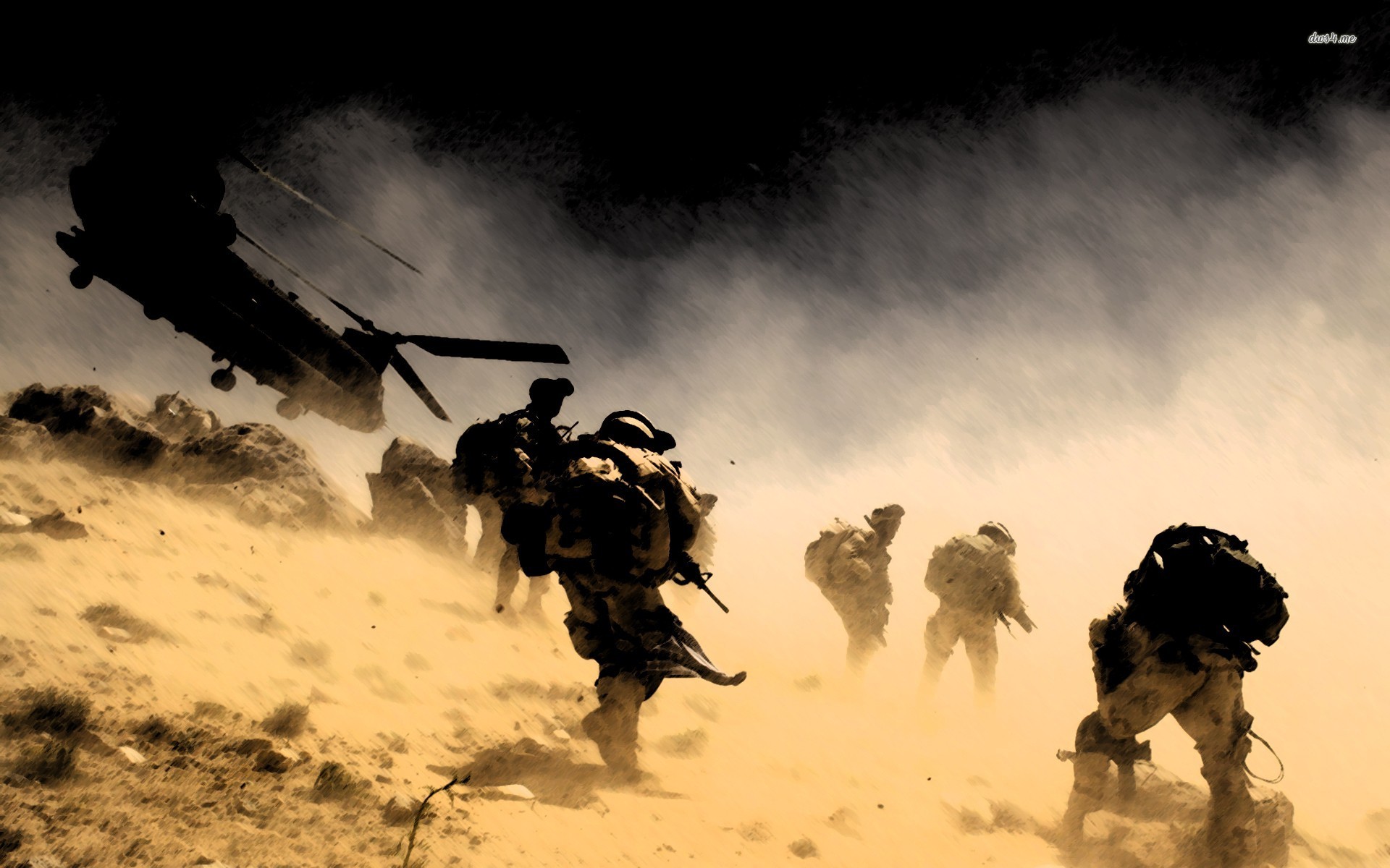 Soldiers disembarking from a helicopter in a desert landscape during a military operation