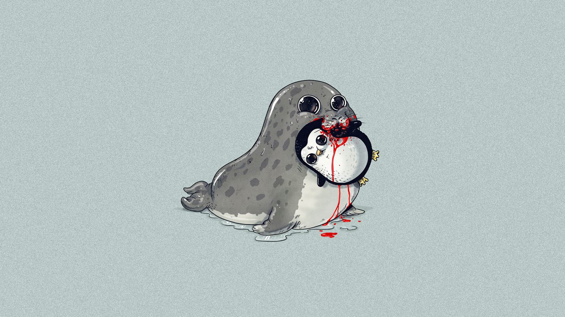Gray Seal Eating Penguin Cartoon Animals Minimalism HD Wallpaper