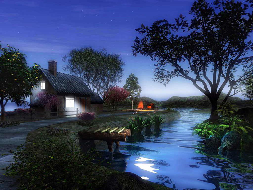 Beautiful Village At Night Fantasy Digital Art
