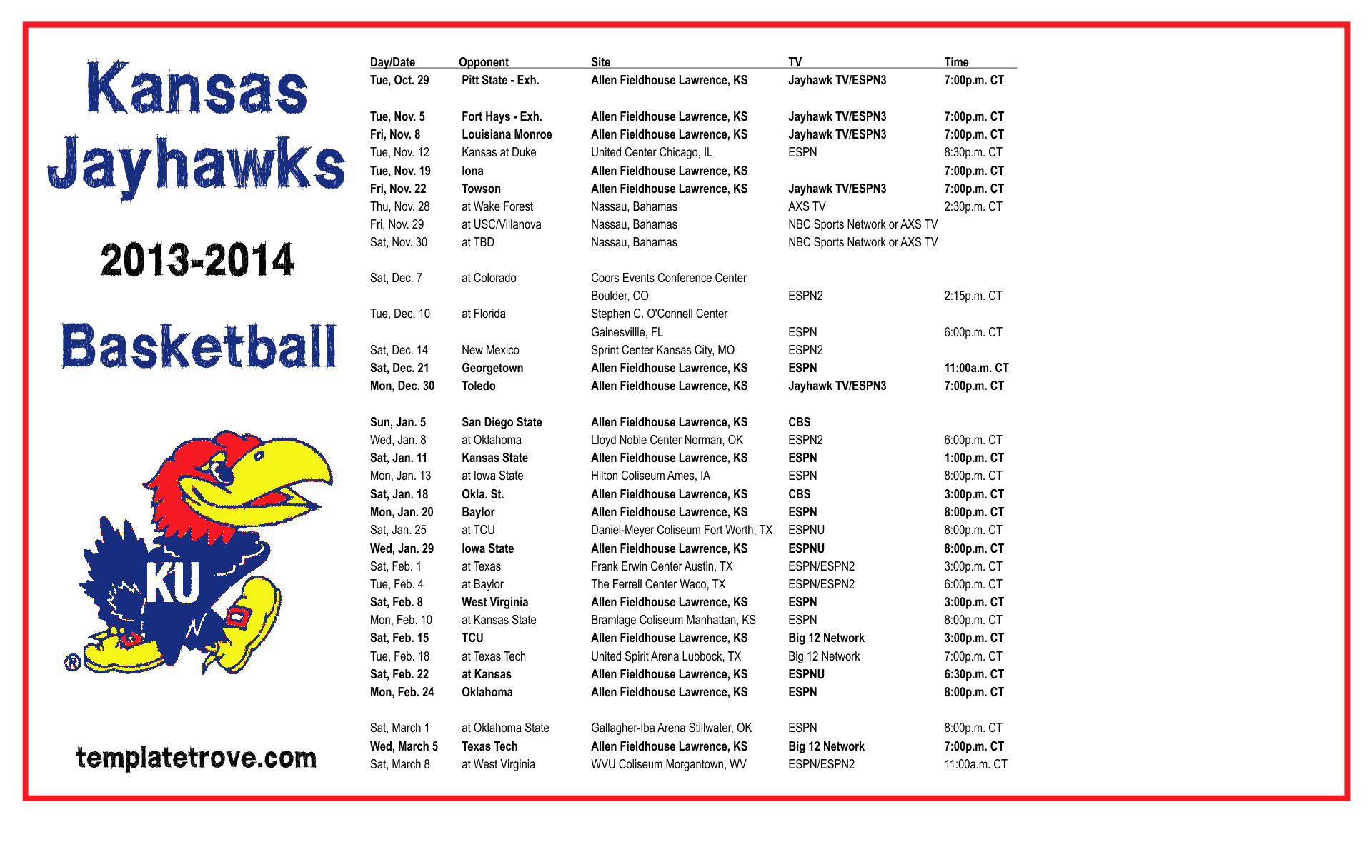 Printable Ku Basketball Schedule Customize and Print