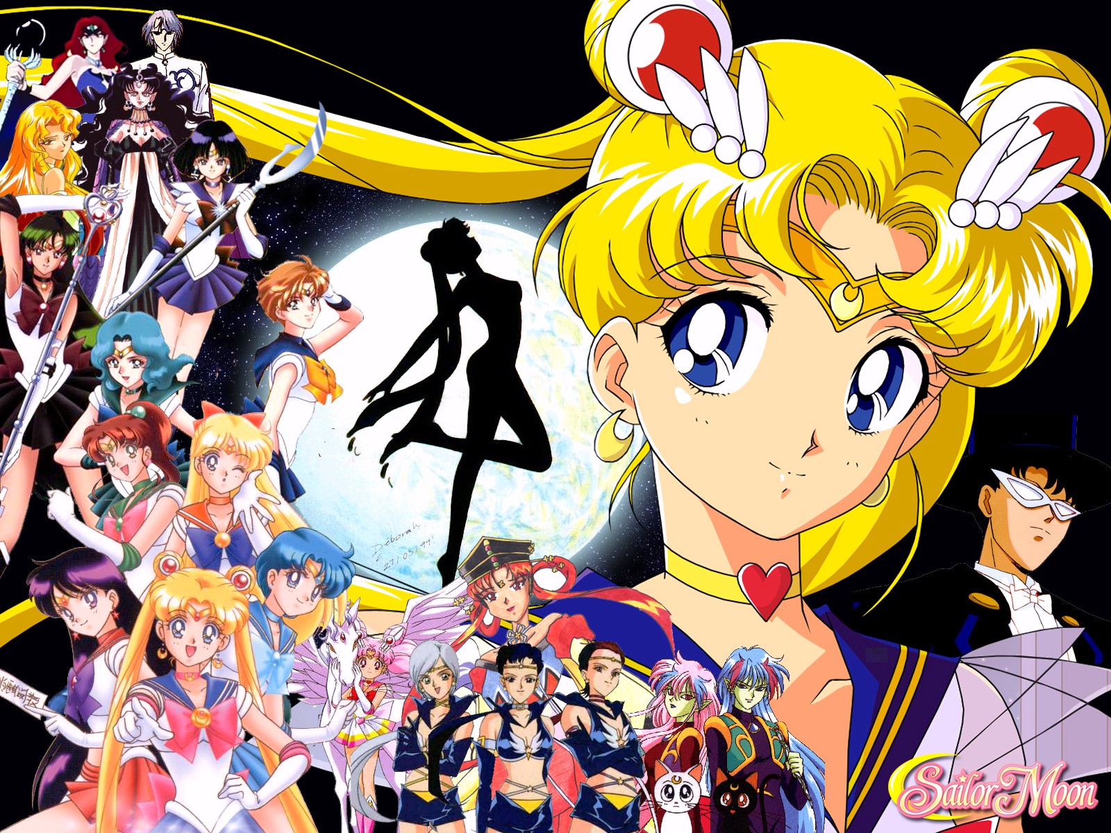A vibrant collage of Sailor Moon characters, featuring Sailor Moon prominently in the foreground, surrounded by her fellow Sailor Guardians and other key figures from the series