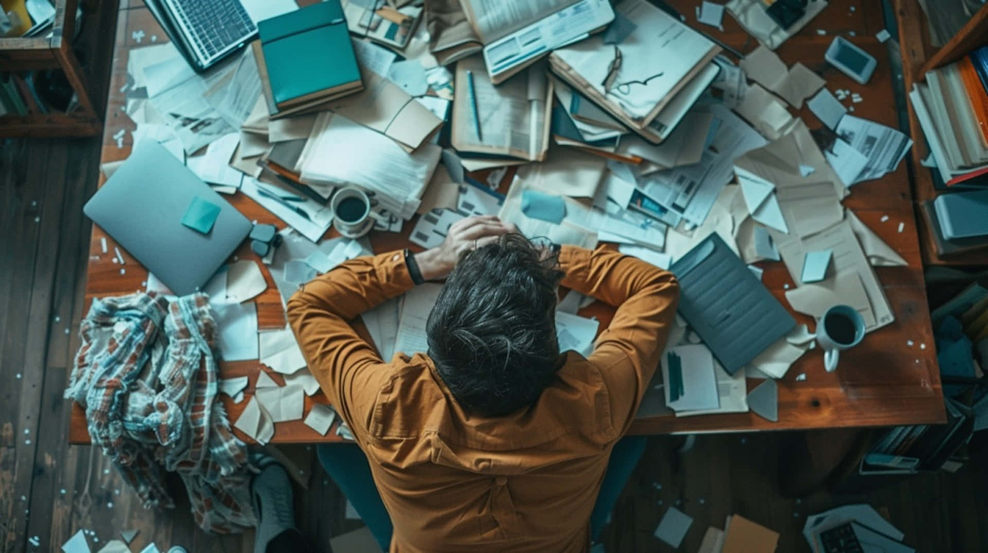 Overwhelmed Individual Among Chaos Wallpaper