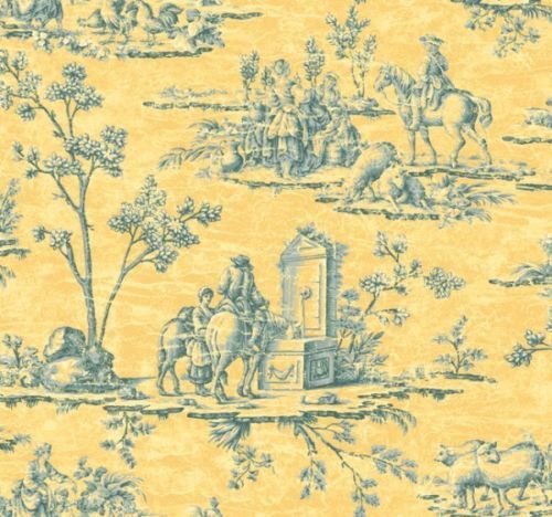 Designer Deep Blue Yellow Gold Historic French Toile Wallpaper