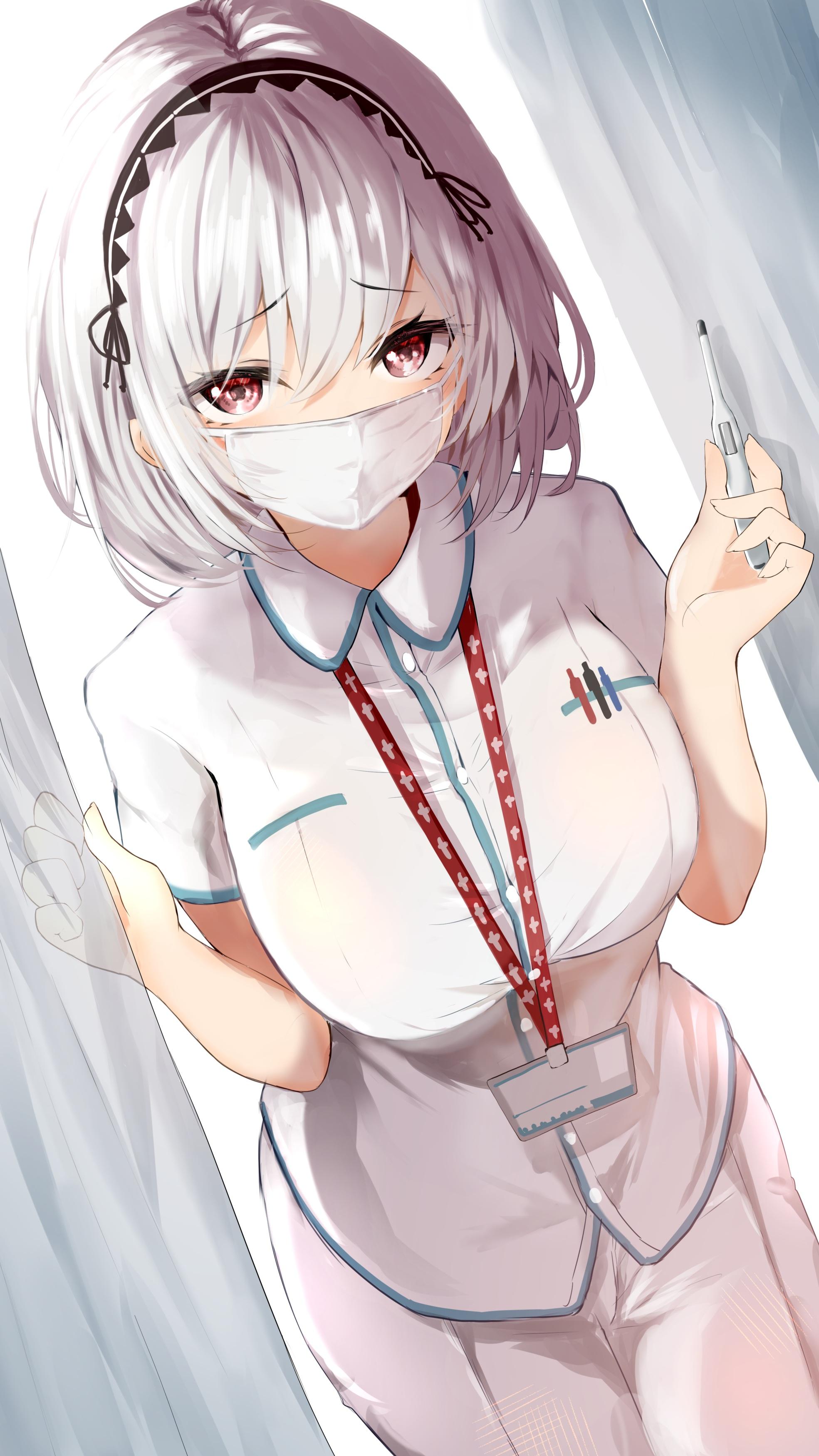 Anime Anime Girls White Hair Mask Nurses Nurse Outfit Purple Eyes