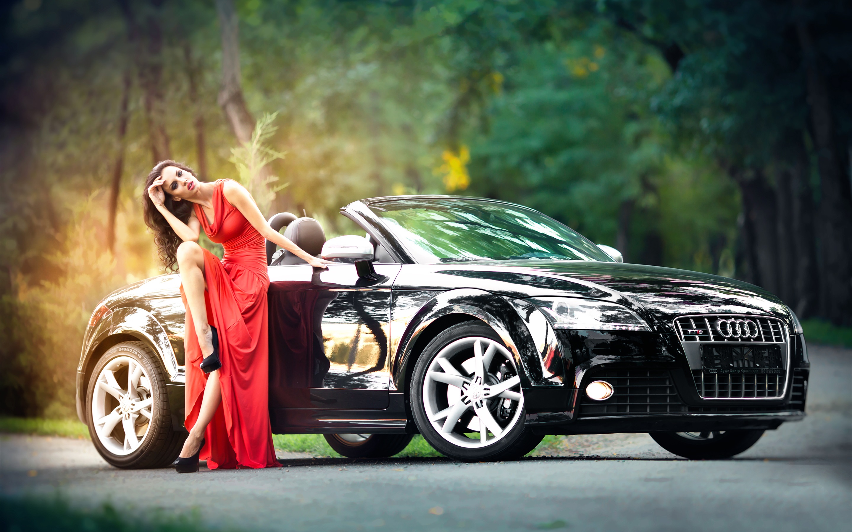 Wallpaper Red Dress Girl And Black Audi Car HD Picture