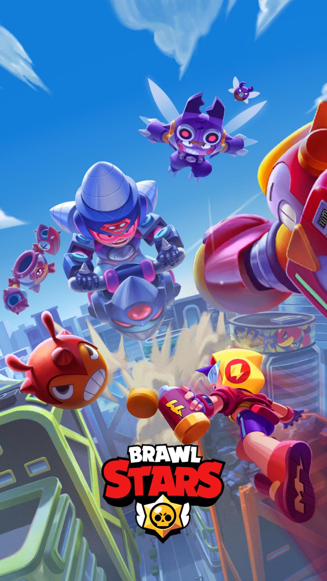 Brawl Stars characters engaging in a futuristic battle in a cityscape