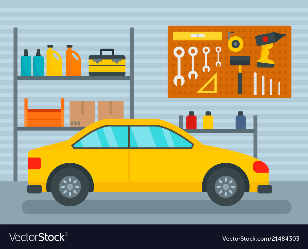 Car In Home Garage Background Flat Style Vector Image