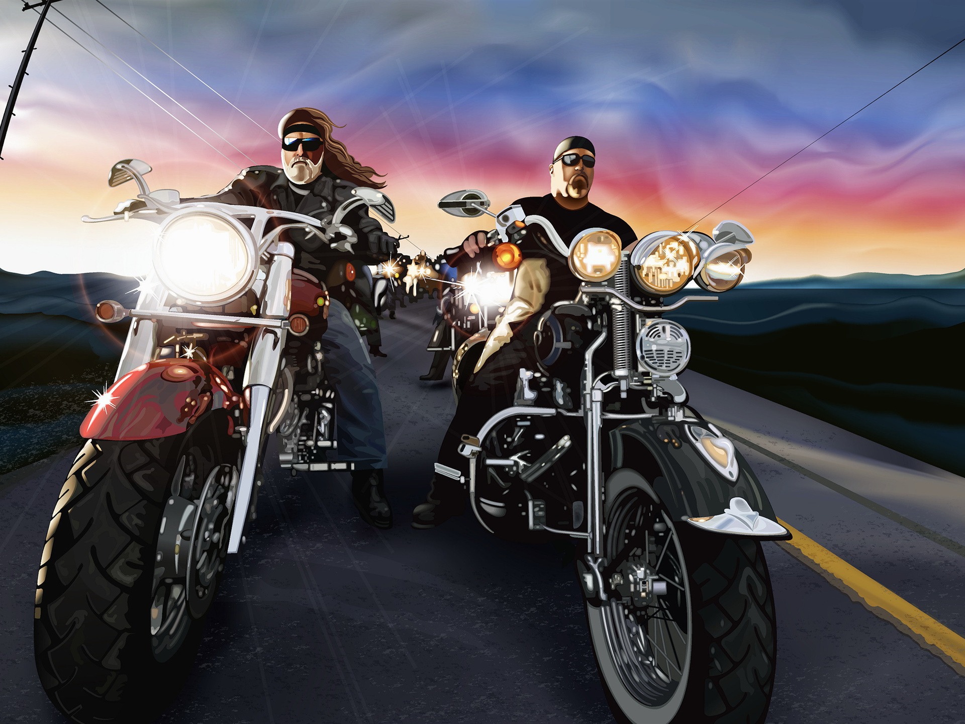 Two Harley Davidson motorcycles cruising down a highway at sunset