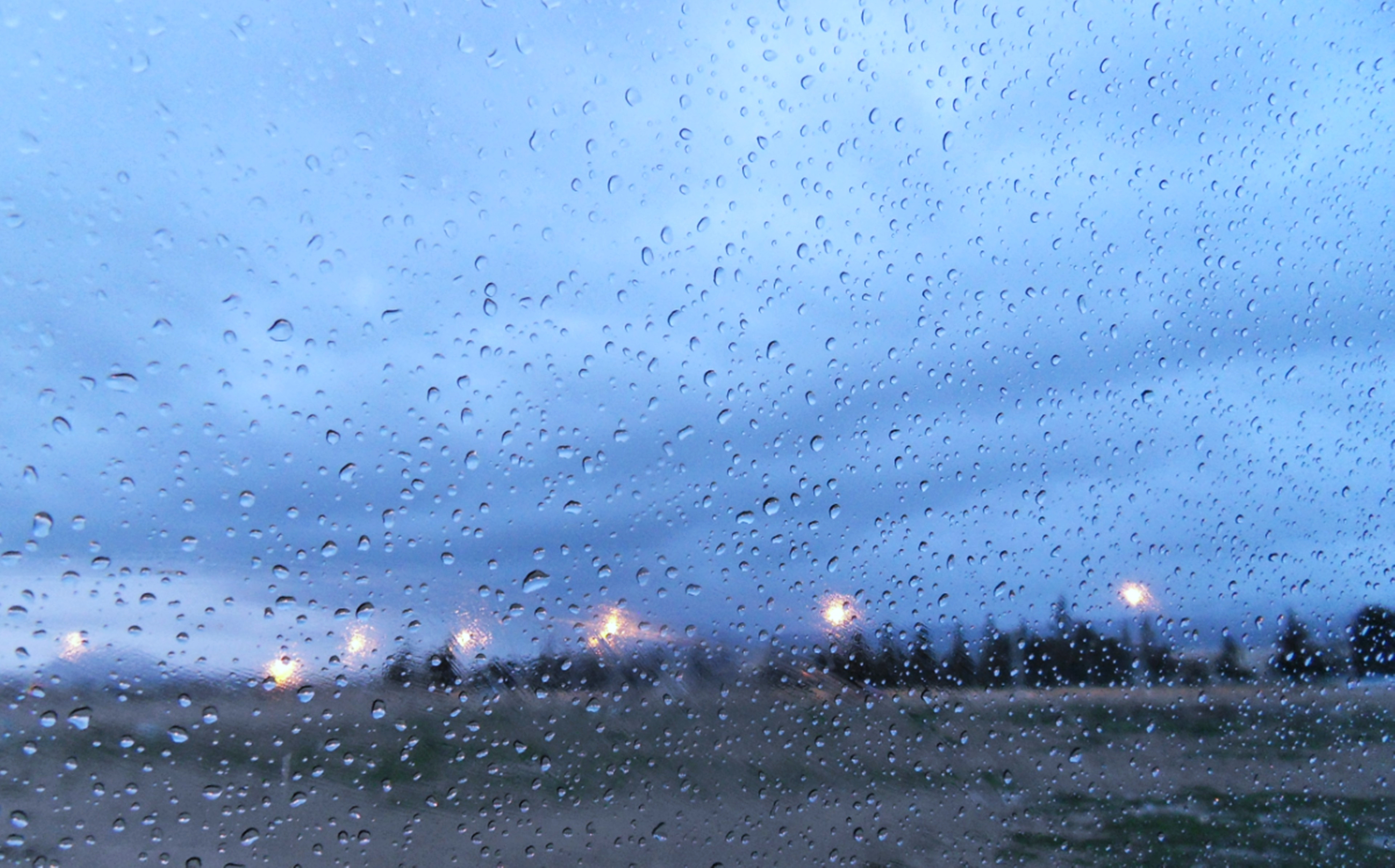 Raindrops on a window pane obscure a blurred background of trees and streetlights on a rainy evening