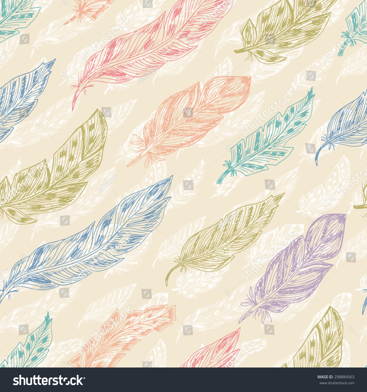 Feathers Seamless Pattern Colorful Vintage Stock Vector
