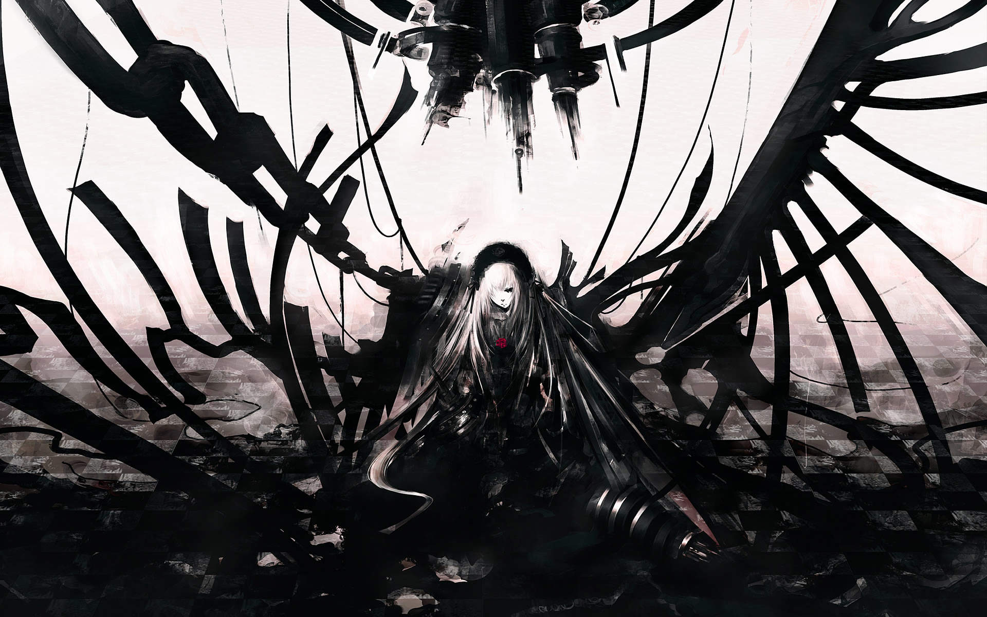 A dark anime-style image featuring a girl with long white hair, amidst abstract black lines and shapes, possibly mechanical or symbolic