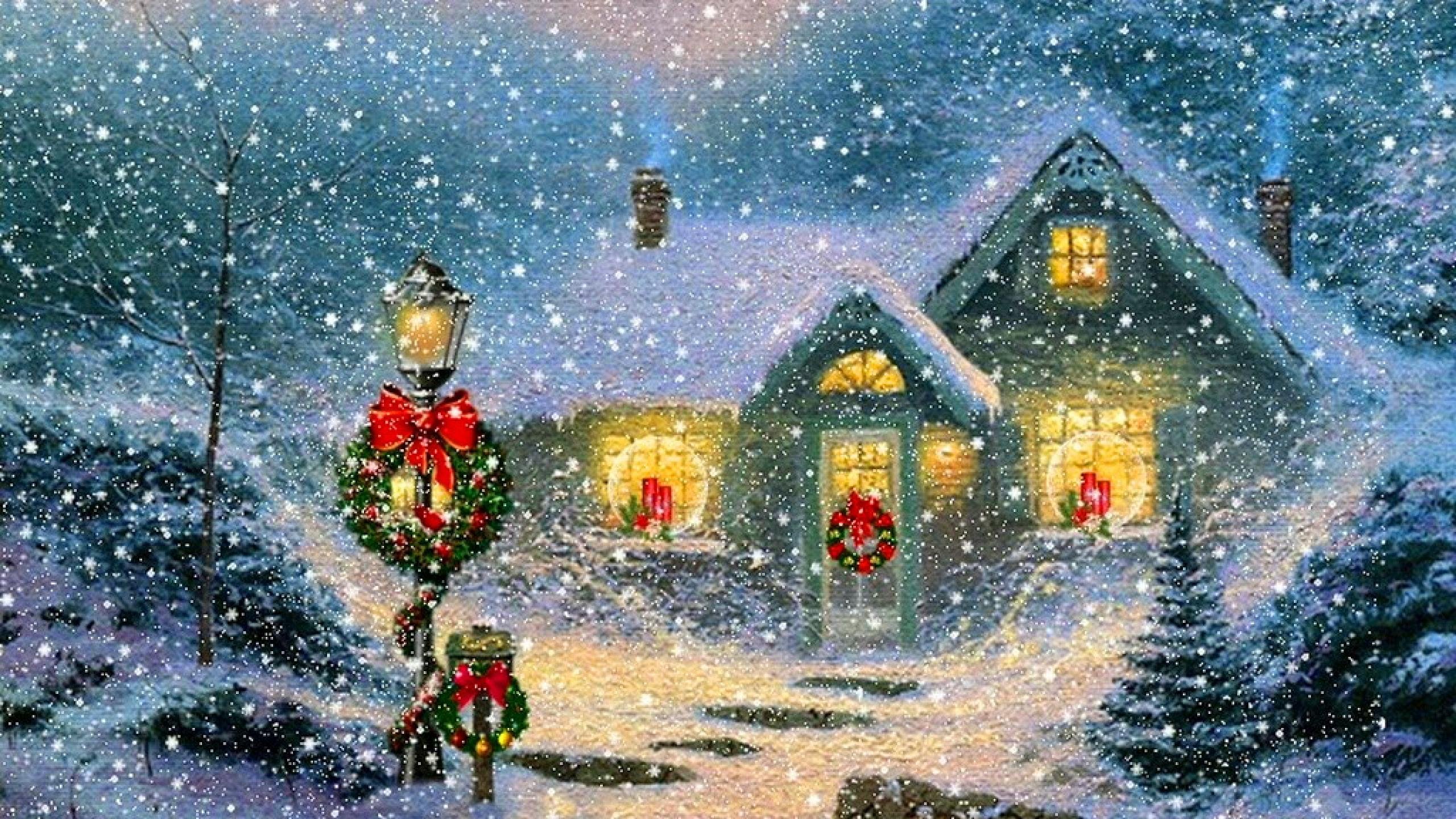 A cozy cottage glows warmly amidst a snowy Christmas Eve landscape, adorned with festive wreaths and lit by a lamppost