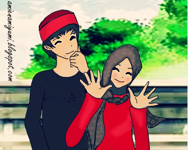 Cute Muslim Couple cartoon drawing anime