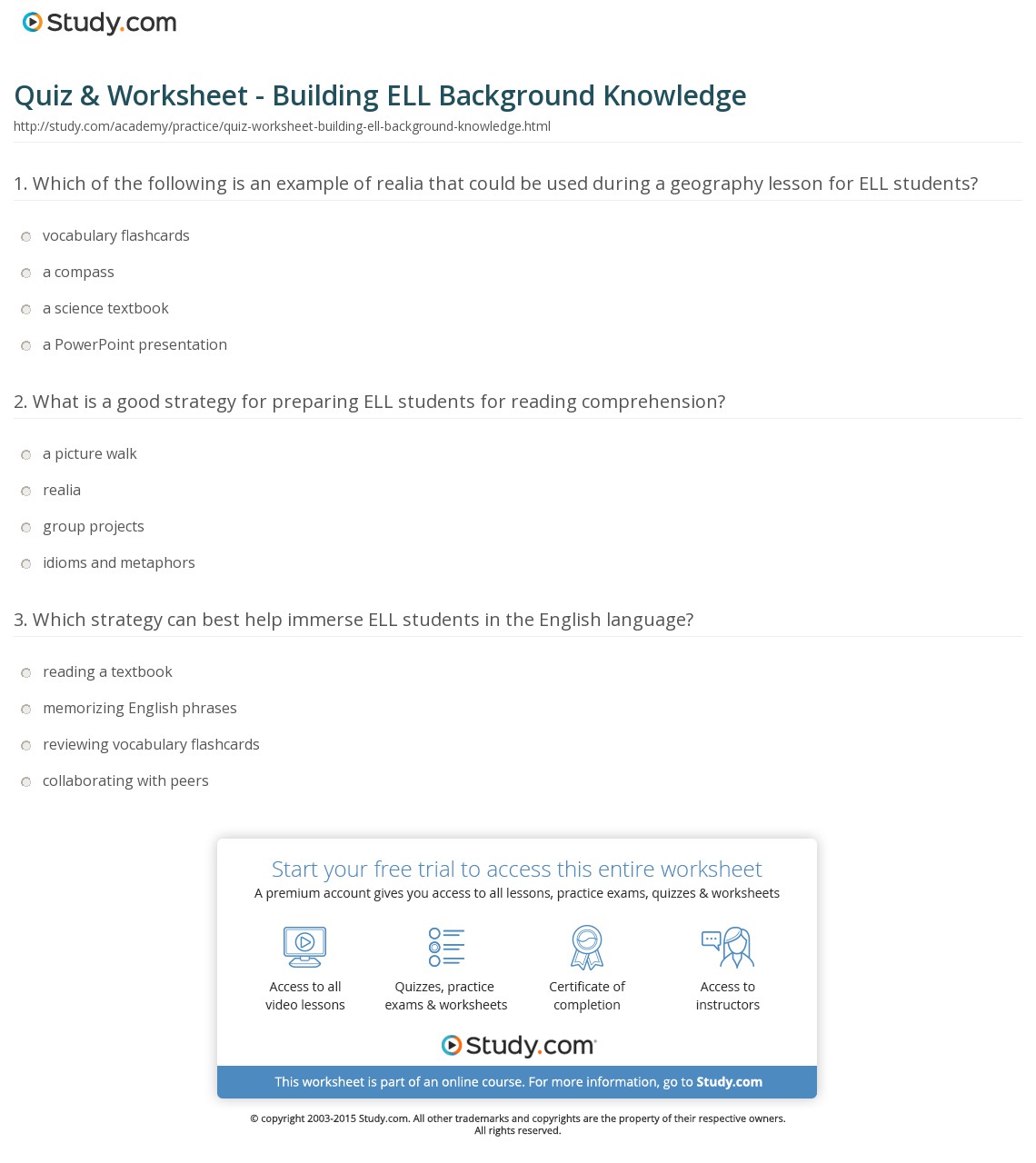 Quiz Worksheet Building Ell Background Knowledge Study