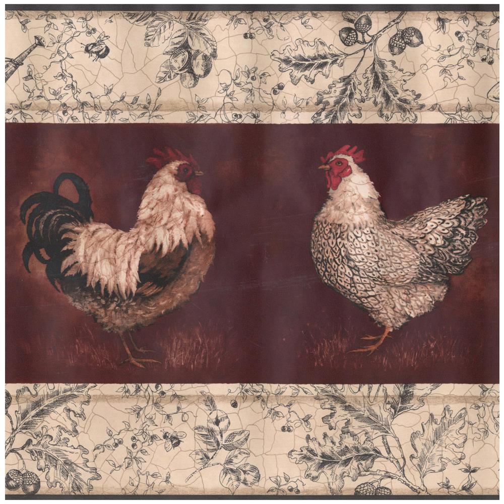 York Wallcoverings Beige Black White Rooster Hen Wine Red