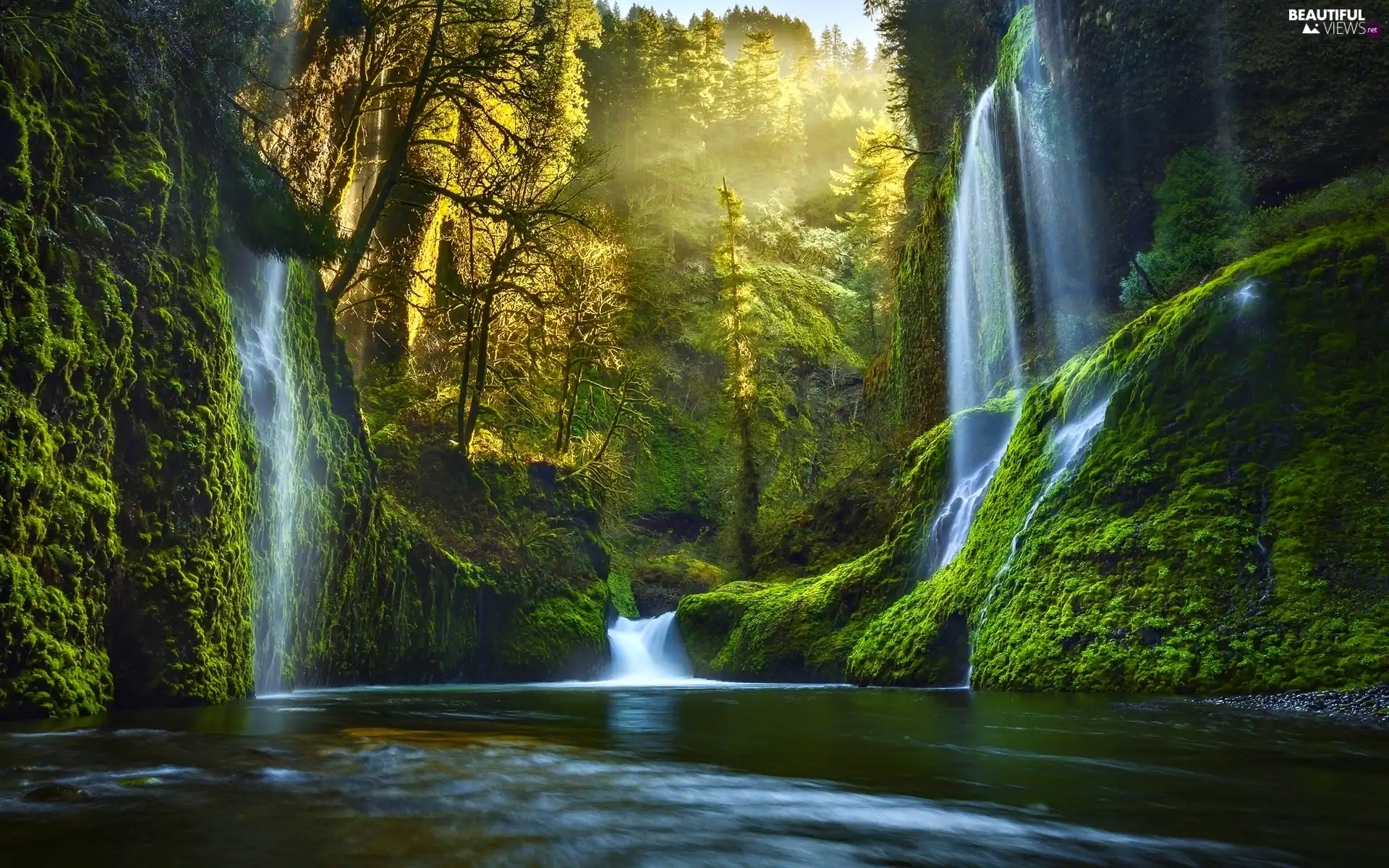 Forest River Light Breaking Through Sky Waterfall Wallpaper