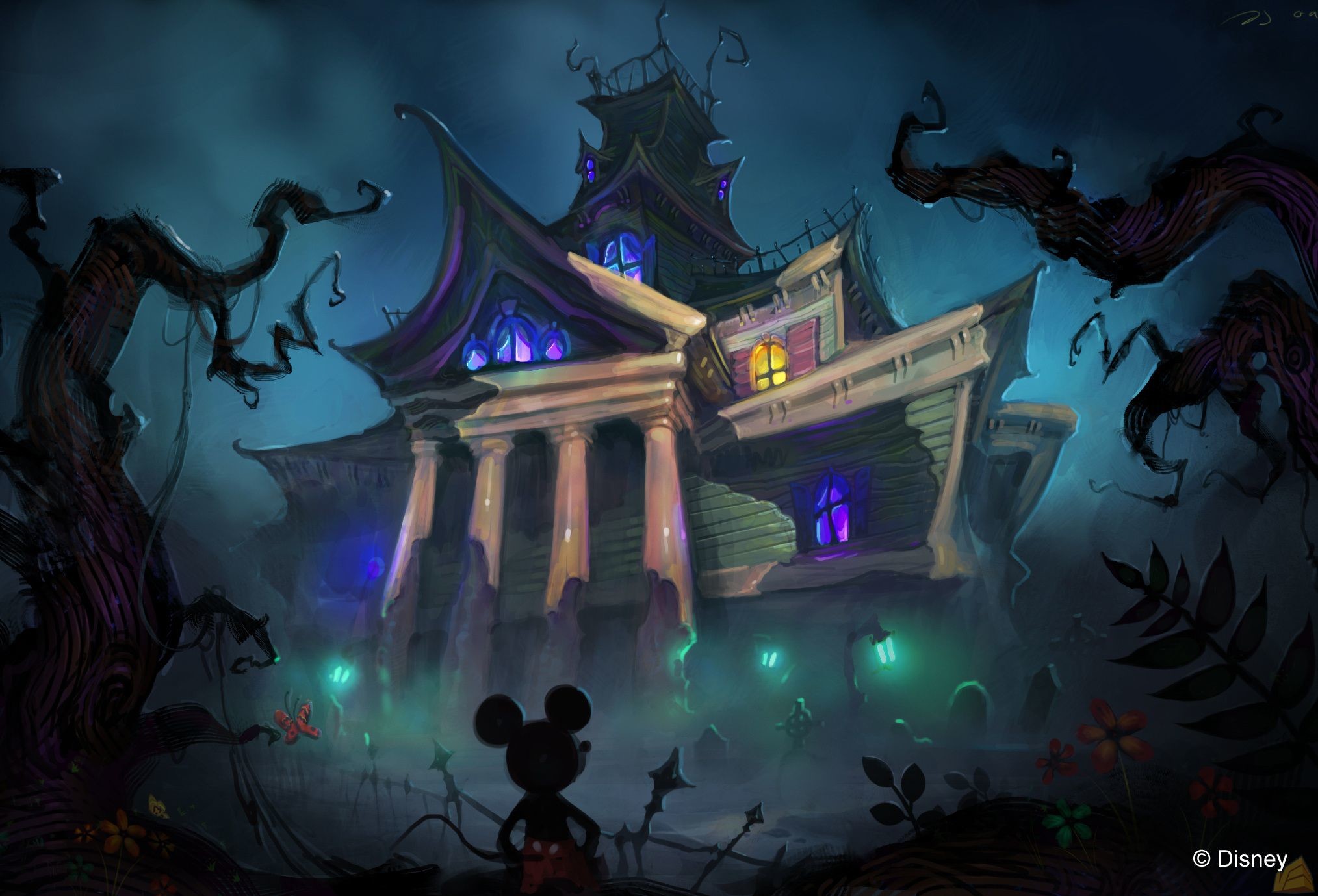 Mickey Mouse stands before a spooky haunted house in a Disney Halloween scene