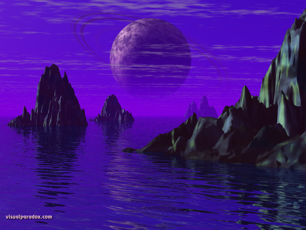 Pla Ocean Sea Rocks Spires Horizon Saturn 3d Wallpaper