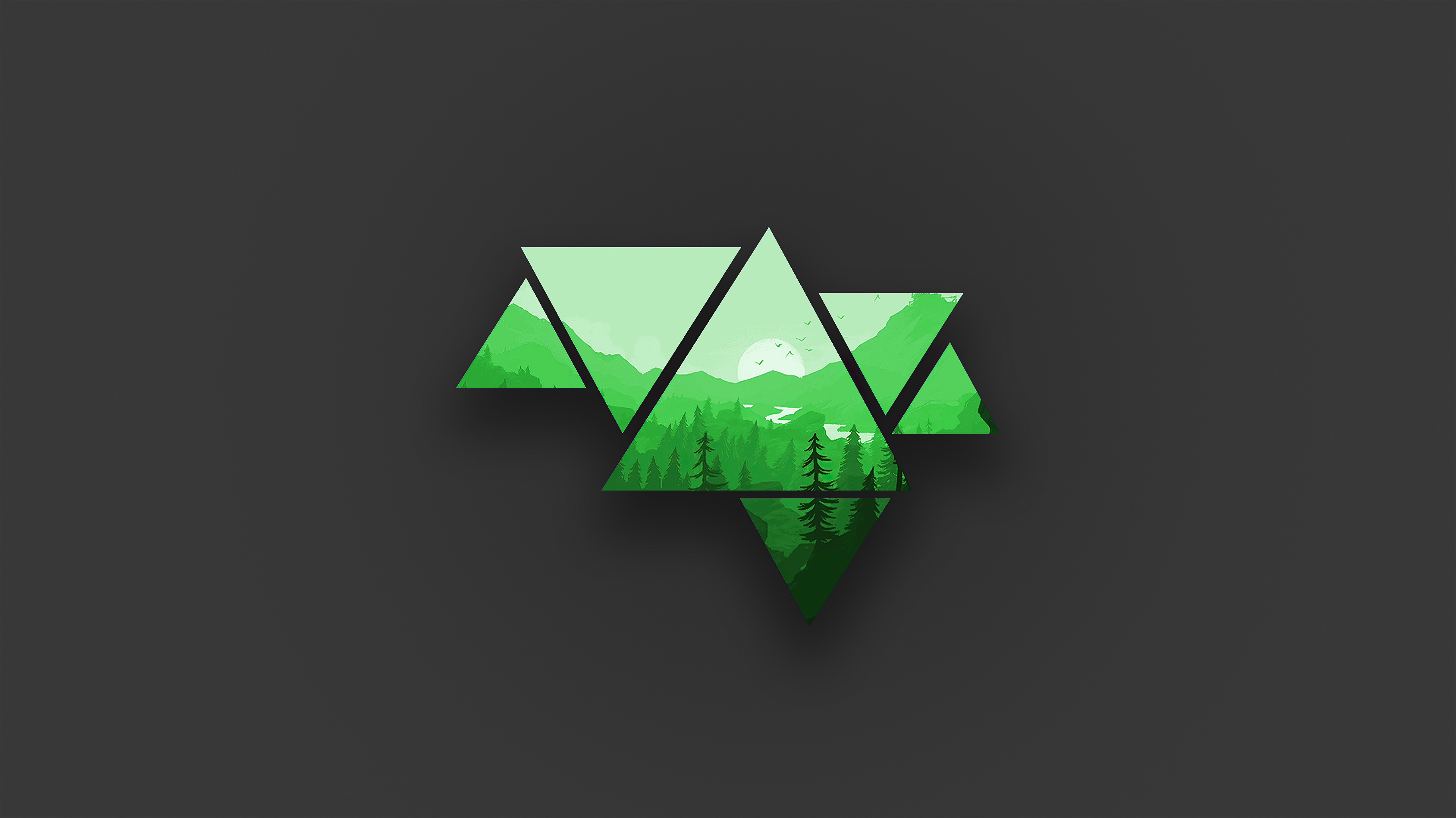 Minimalist 4k wallpaper featuring a geometric, triangle-based design with a serene green forest landscape embedded within. The sun is visible above the mountains, and the overall design is simple yet captivating