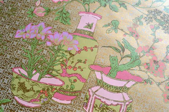 Vintage Wallpaper   Pink and Green Chinoiserie Vases and Peony on Gold