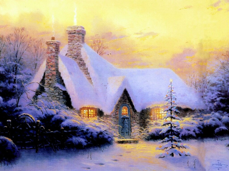 Christmas Cottage Snow Light Abstract Other HD Desktop Wallpaper