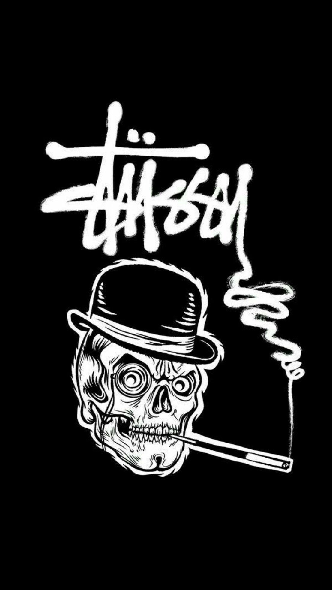 A black and white graphic featuring the Stussy logo above a stylized skull wearing a bowler hat and smoking a cigarette
