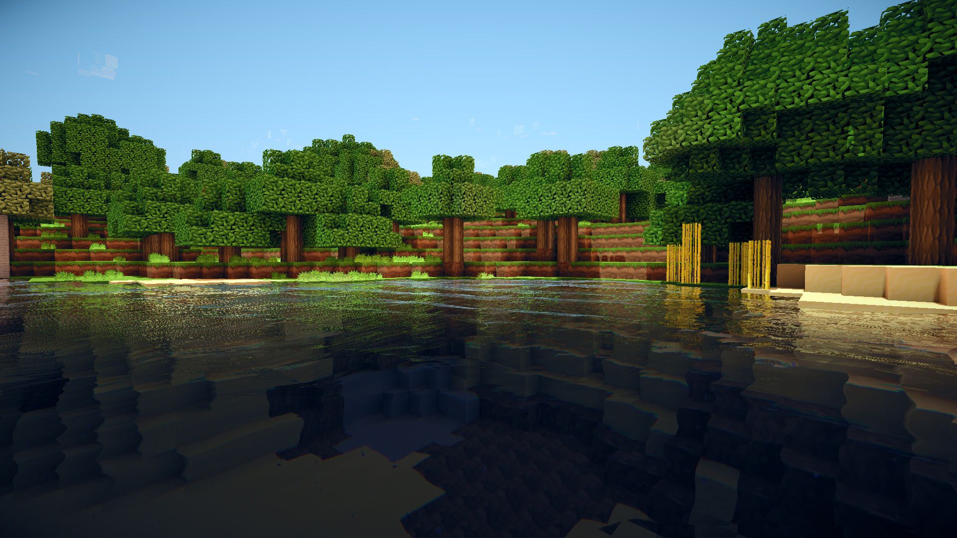 A pixelated landscape from the popular video game, Minecraft, showing a lush green forest on the banks of a lake. The sun shines brightly, creating reflections in the clear water