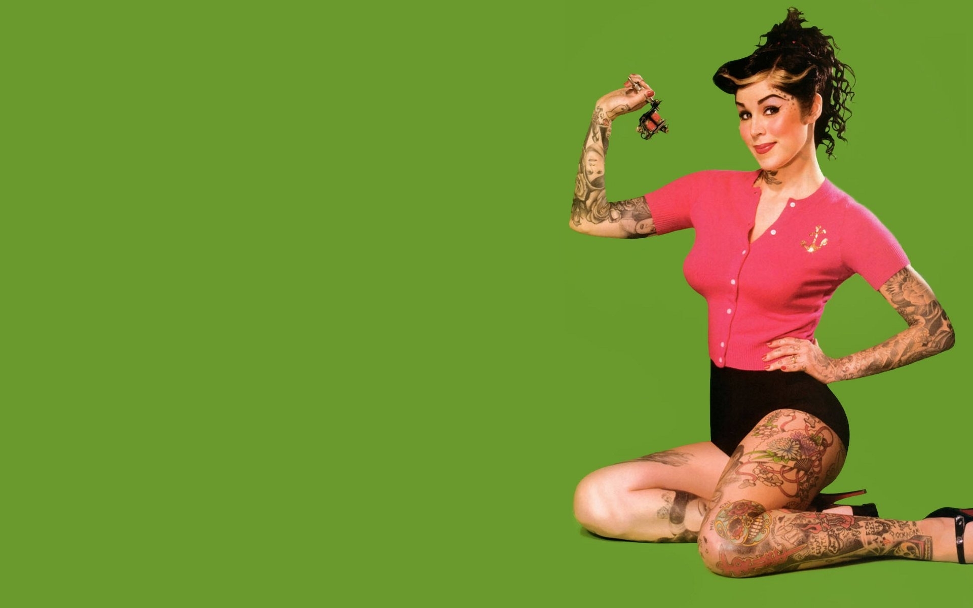 Wallpaper Tattoos Women Pinup Kat Von D Green Background